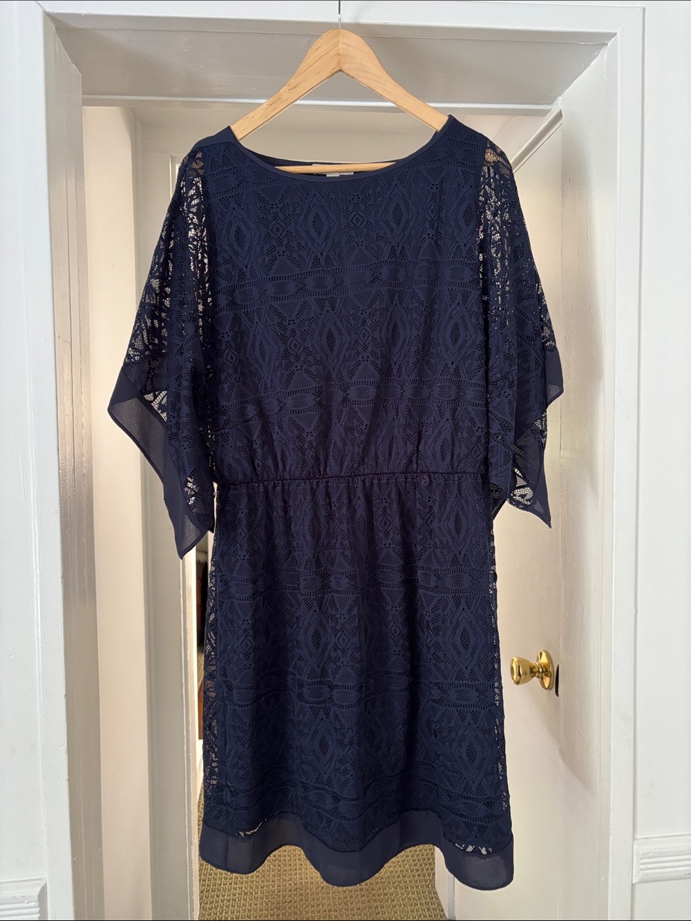 Navy Lace Midi Dress with Flutter Sleeves